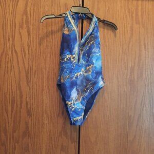 New ! One Piece Swimsuit Mooncore Push Up Bra High Waist Blue/Gold Size M